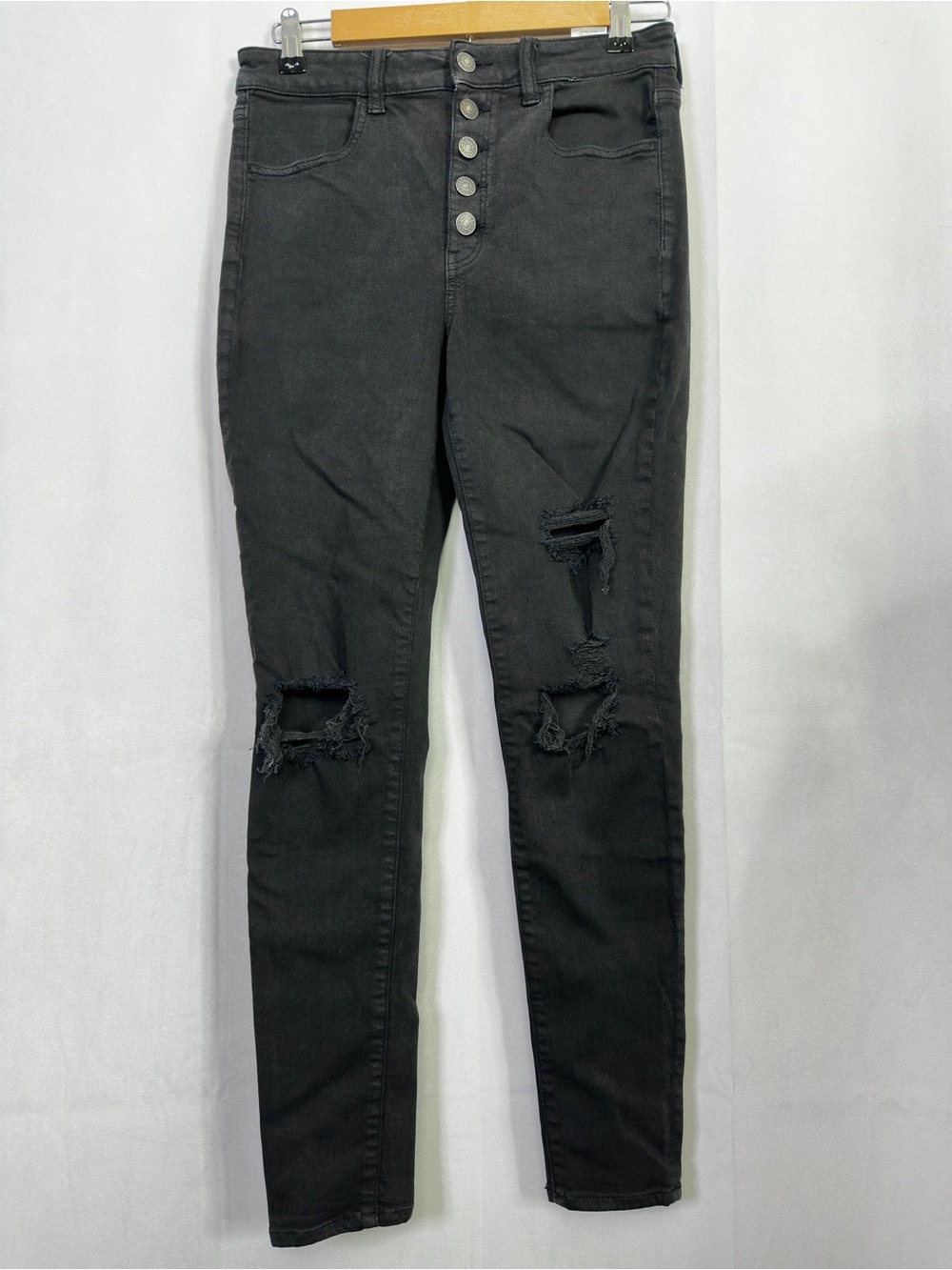 American Eagle Super Hi-Rise Jegging Distressed Denim 8 Black Skinny Button Fly